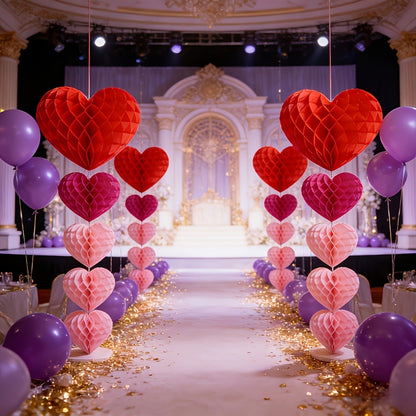 10 pcs Valentine's Day heart-shaped paper felt balls, party hanging ornaments, - red and pink honeycomb balls, wedding, birthday