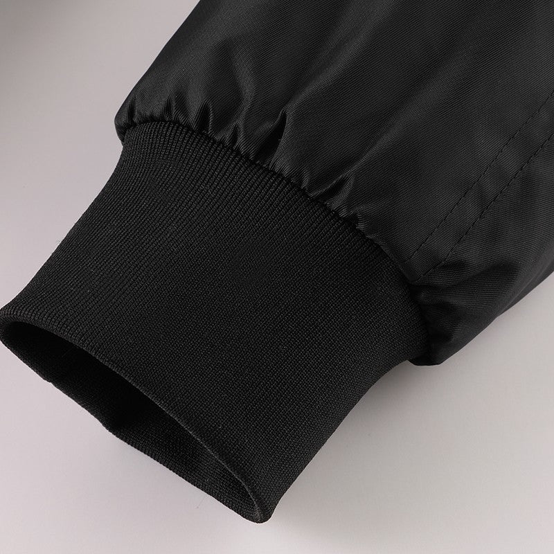 Men's Winter Black Aviator Jacket with Detachable Faux Fur Trimmed Hooded Cold Fashion Embroidered Badge and Zipper Pockets