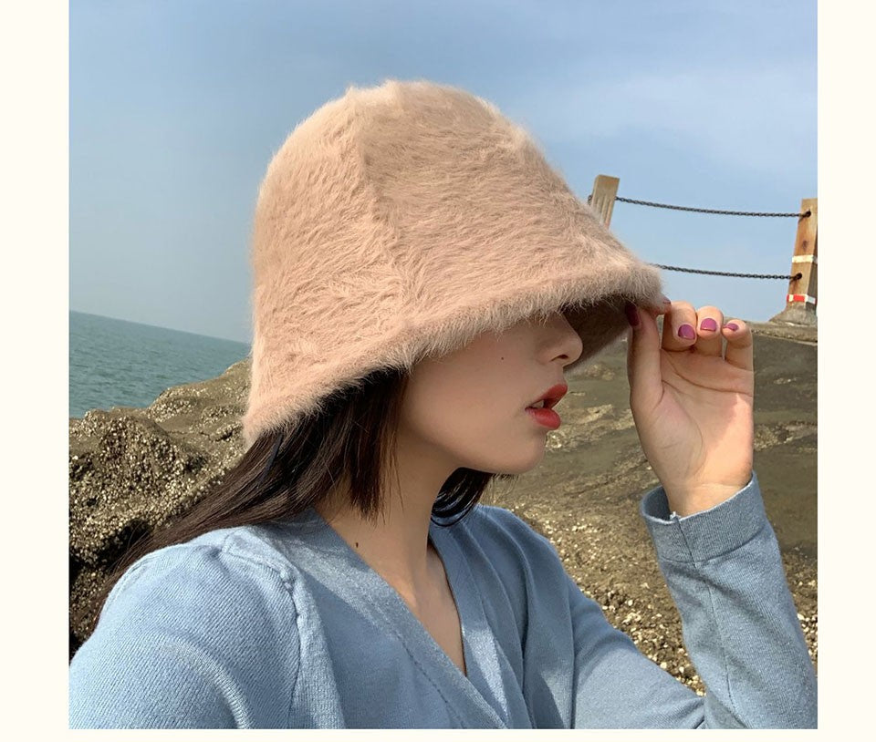 2023 new Hat winter women's fashion Solid color rabbit fur hat bucket cap  fisherman's hat  knitted wool basin Bucket Hat