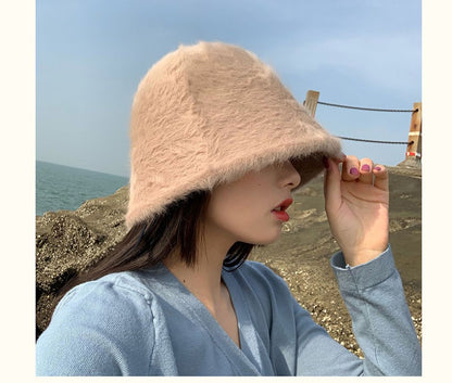 2023 new Hat winter women's fashion Solid color rabbit fur hat bucket cap  fisherman's hat  knitted wool basin Bucket Hat