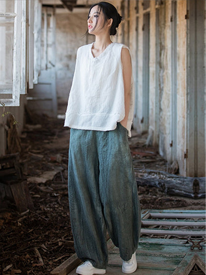 Elegant Women's Cotton Linen Baggy Cargo Pants Vintage Elastic Waist Yoga Trousers Loose Casual Long Wide Leg Oversize Clothes