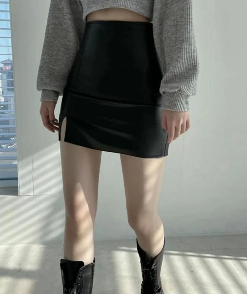 Xpqbb Balck PU Leather Mini Skirt Women Sexy Skinny High Waist Side Split Hip Skirts Autumn New Korean Office Lady Short Skirt