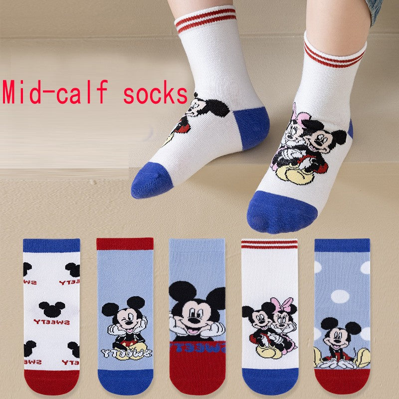 5 pares de meias de algodão de cano médio Kawaii Sanrio Cinnamoroll Kuromi para meninas e meninos, meias de algodão de cano médio de desenho animado para primavera e outono