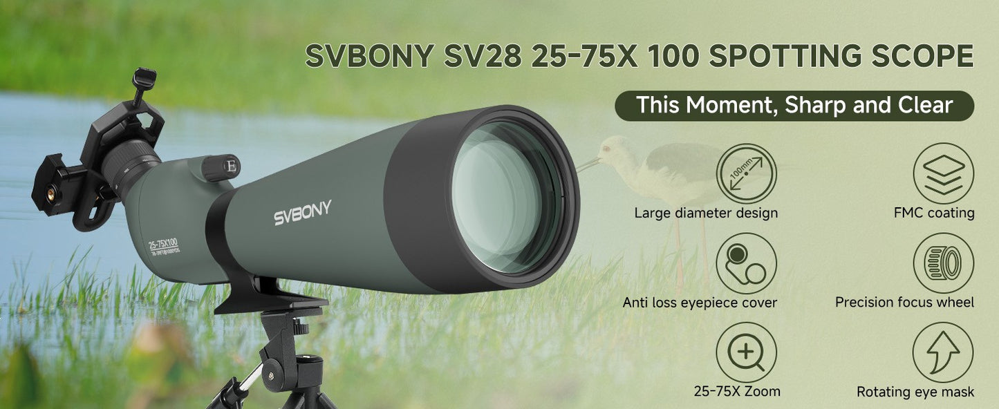 Lunetas Terrestres Svbony SV28A 25-75x100/20-60x80 FMC Telescópio Perfeito para Iniciantes em Tiro com Arco, Tiro ao Alvo, Observação de Pássaros