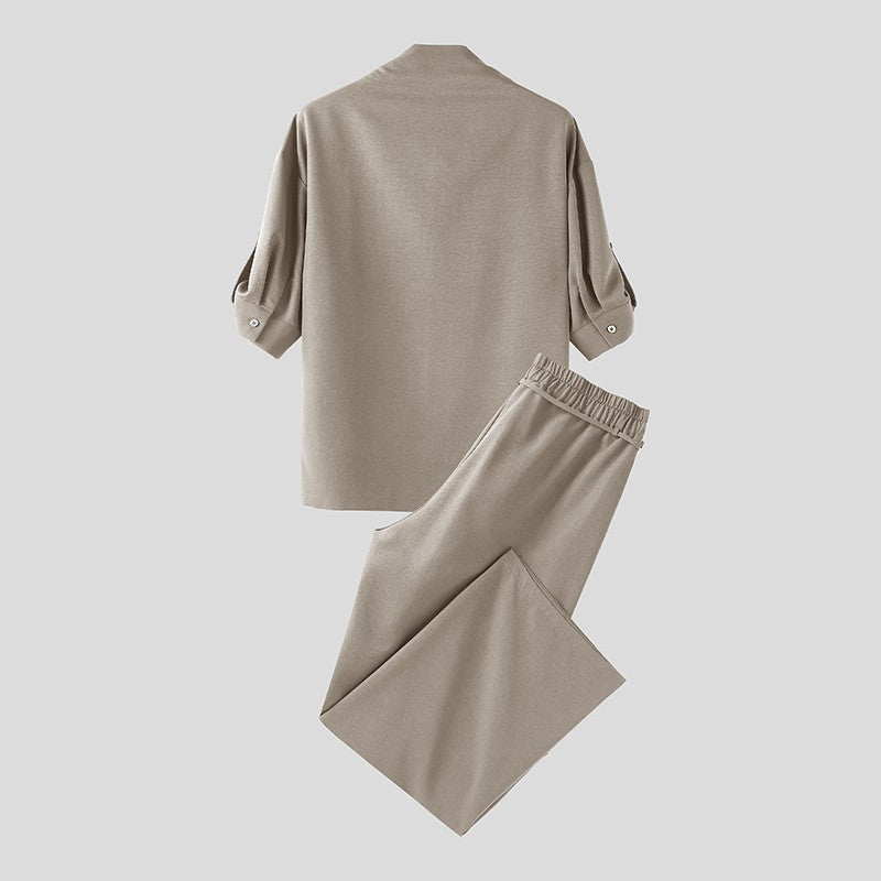 INCERUN Men Sets Solid Color Pleated Shirt & Pants Two Pieces Sets Loose Streetwear 2025 Fashion Men's Casual Suits S-5XL