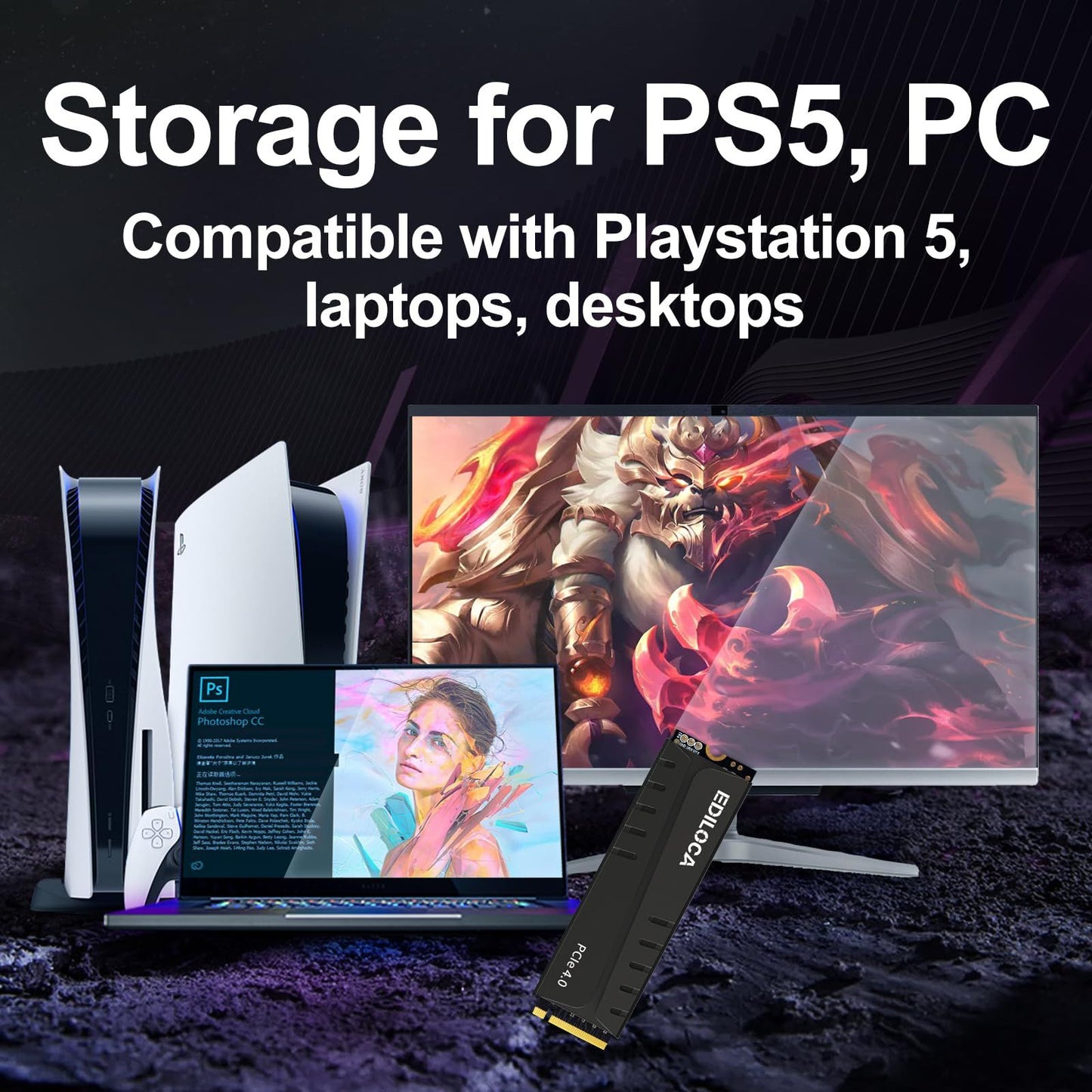 SSD Ediloca EN855 com dissipador de calor 7400MB/s PCIe Gen4.0 NVMe M.2 SSD de jogos Interno para PS5 e PC