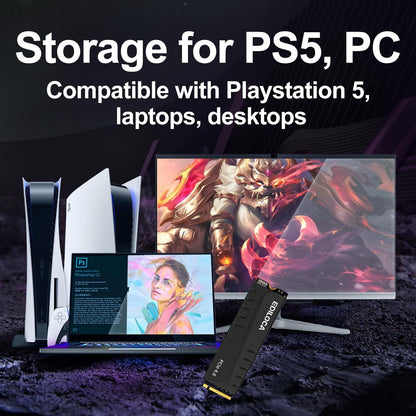 SSD Ediloca EN855 com dissipador de calor 7400MB/s PCIe Gen4.0 NVMe M.2 SSD de jogos Interno para PS5 e PC