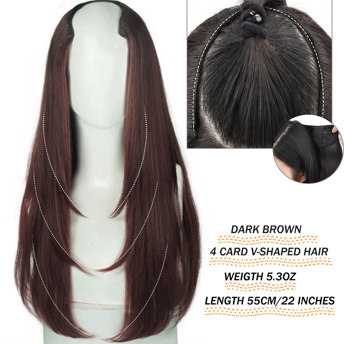 Apliques de Cabelo Sintético Liso Comprido de 22 Polegadas com Grampo em Formato de V Resistente ao Calor Acessórios para Cabelo
