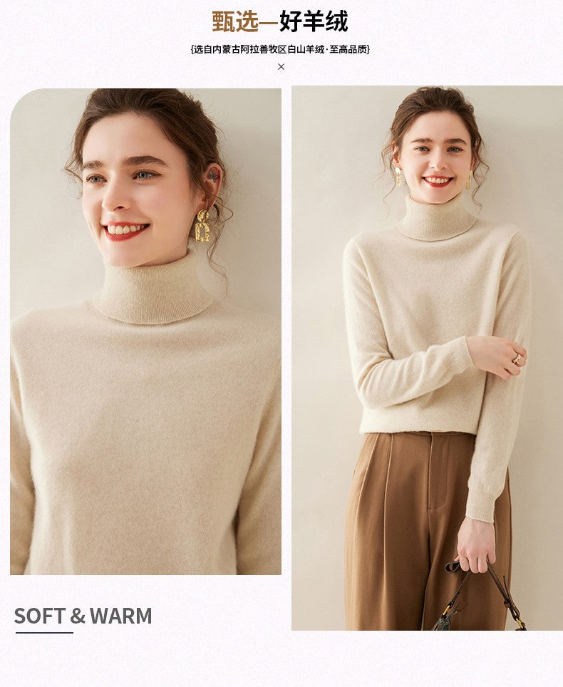 Suéter de Cashmere Feminino Gola Alta Manga Comprida Pulôver de Malha 100% Cashmere Puro Suéter Básico Versão Coreana Top Feminino