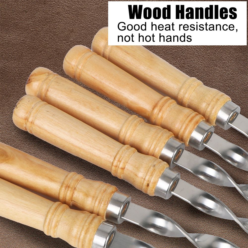 6Pcs Long Handle Shish Kebab Wood BBQ Fork Stainless steel Outdoors Grill Needle Barbecue Grill Stick 55cm 21.65" BBQ Skewers