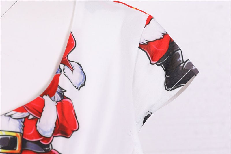 Fashion V-neck Short Sleeve Printed Christmas Dress Large Swing Vintage Elegant Xmas Party Dress