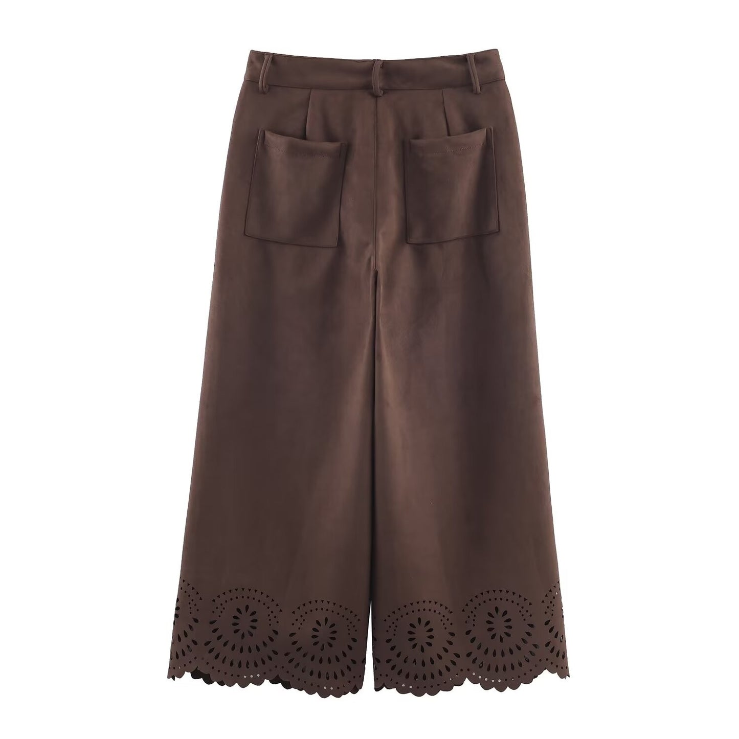 Die-Cut Hem Faux Suede Wide Leg Pants For Women Vintage Brown High Waist With Pockets Casual Loose Trousers