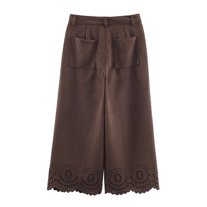 Die-Cut Hem Faux Suede Wide Leg Pants For Women Vintage Brown High Waist With Pockets Casual Loose Trousers