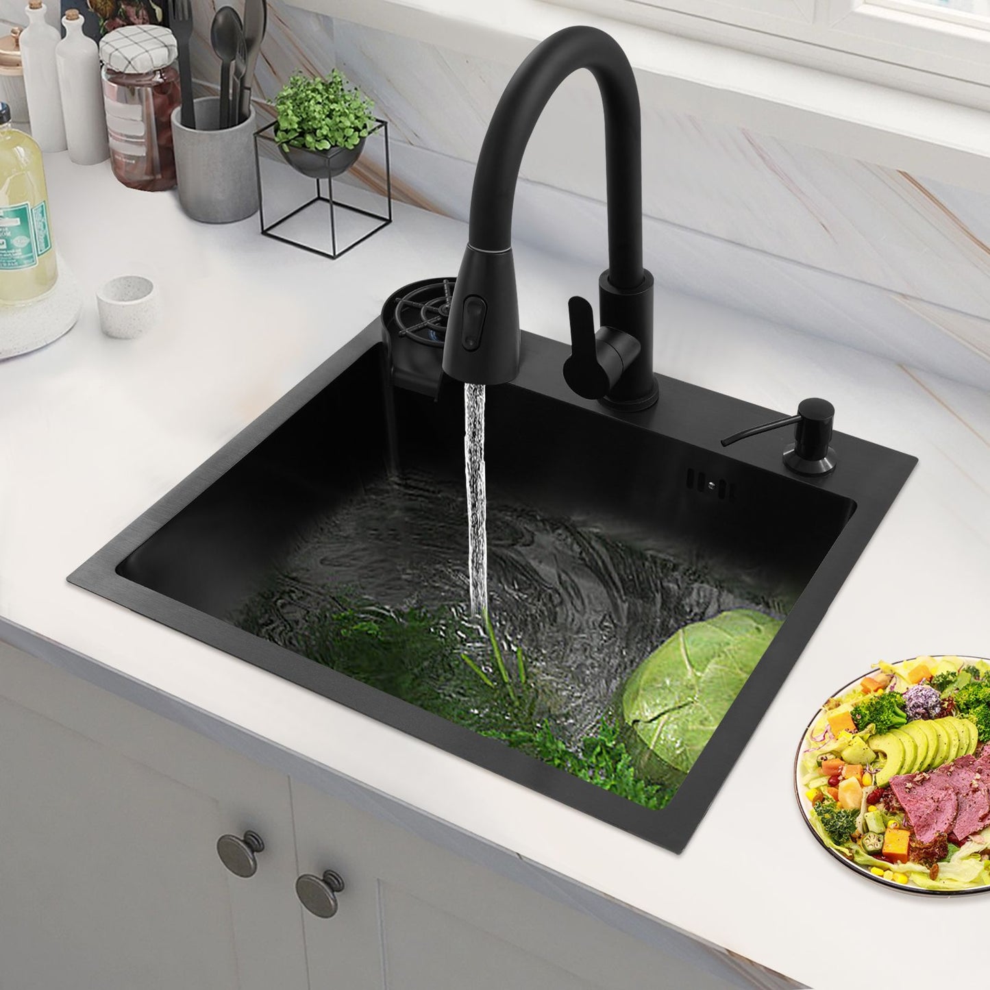 Kitchen Sink w/ Pull-Out Faucet & Drain Basket,  50*45cm Black Stainless Steel Single Bowl Sink Kit