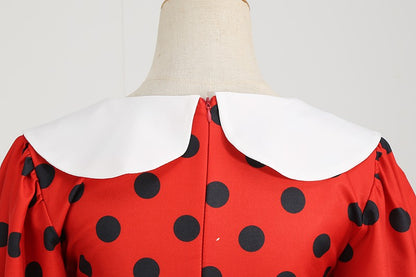 Elegant Women Summer Dress Puff Short Sleeve Polka Dot Peter pan Collar Vintage A-line Midi Long Party Sundress