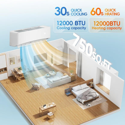 Ar Condicionado Quente/Frio Mini Split 12000BTU, 17 SEER2, Unidade AC de Parede Refrigera Ambientes de até 70m², Inverter com Eficiência Energética