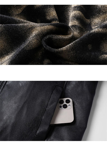 2025 New Men's autumn thin velvet leather jacket, warm and retro men's motorcycle jacket, outdoor casual PU leather jacket