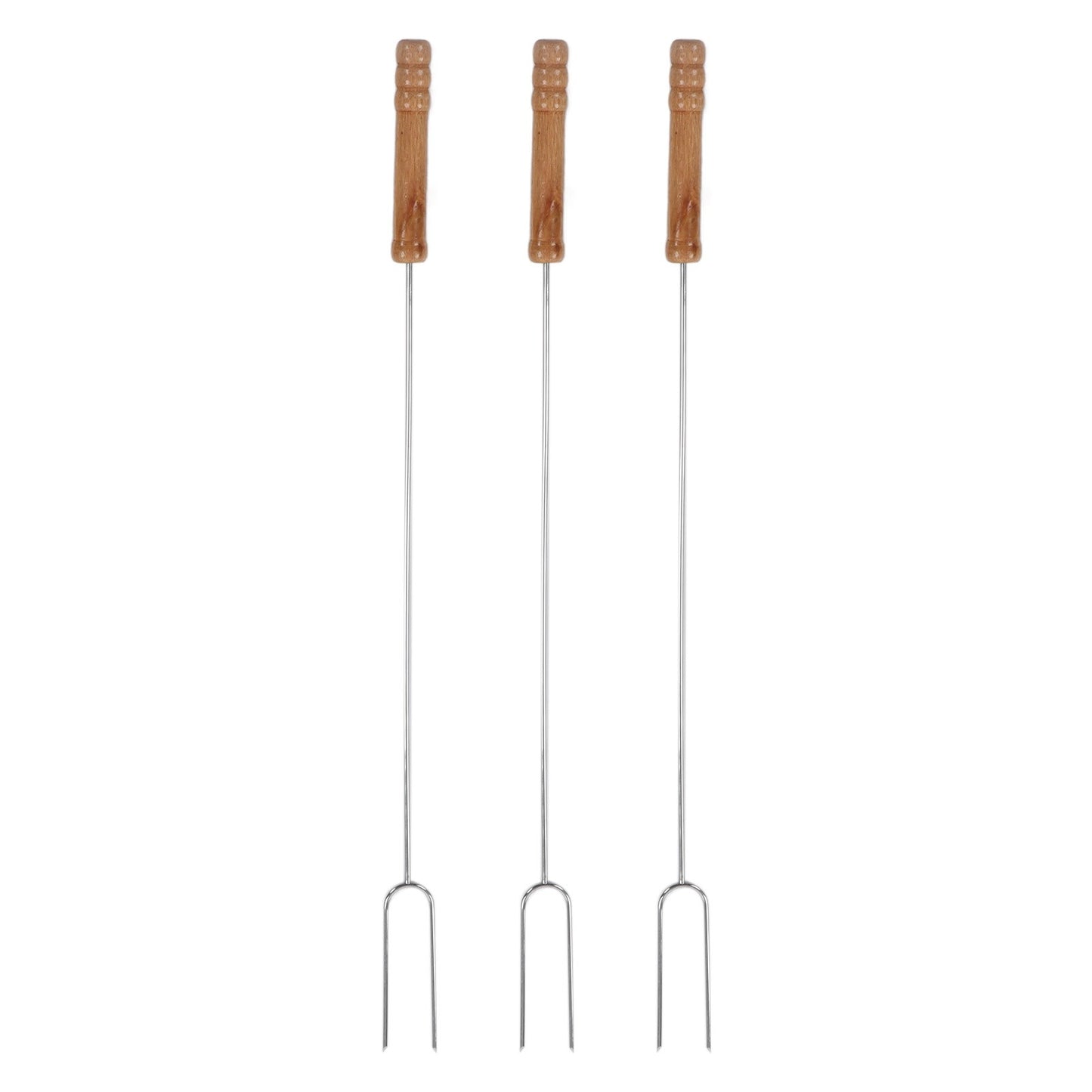 3Pcs 47.2cm Barbecue Forks Multifunctional Stainless Steel Roasting Stick with Beech Wood Handle for Outdoor BBQ Camping