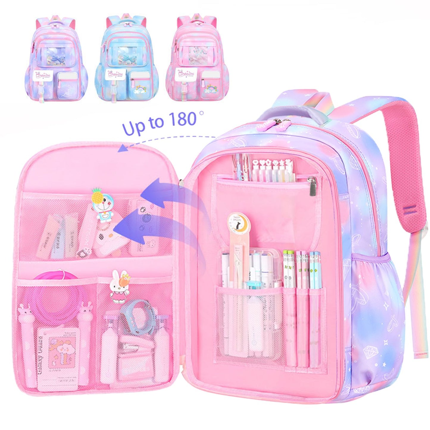 Mochila Escolar Feminina de 3 Peças Grande Capacidade Bolsa Escolar Infantil com Lancheira Estojo Bolsa de Viagem Presente Infantil