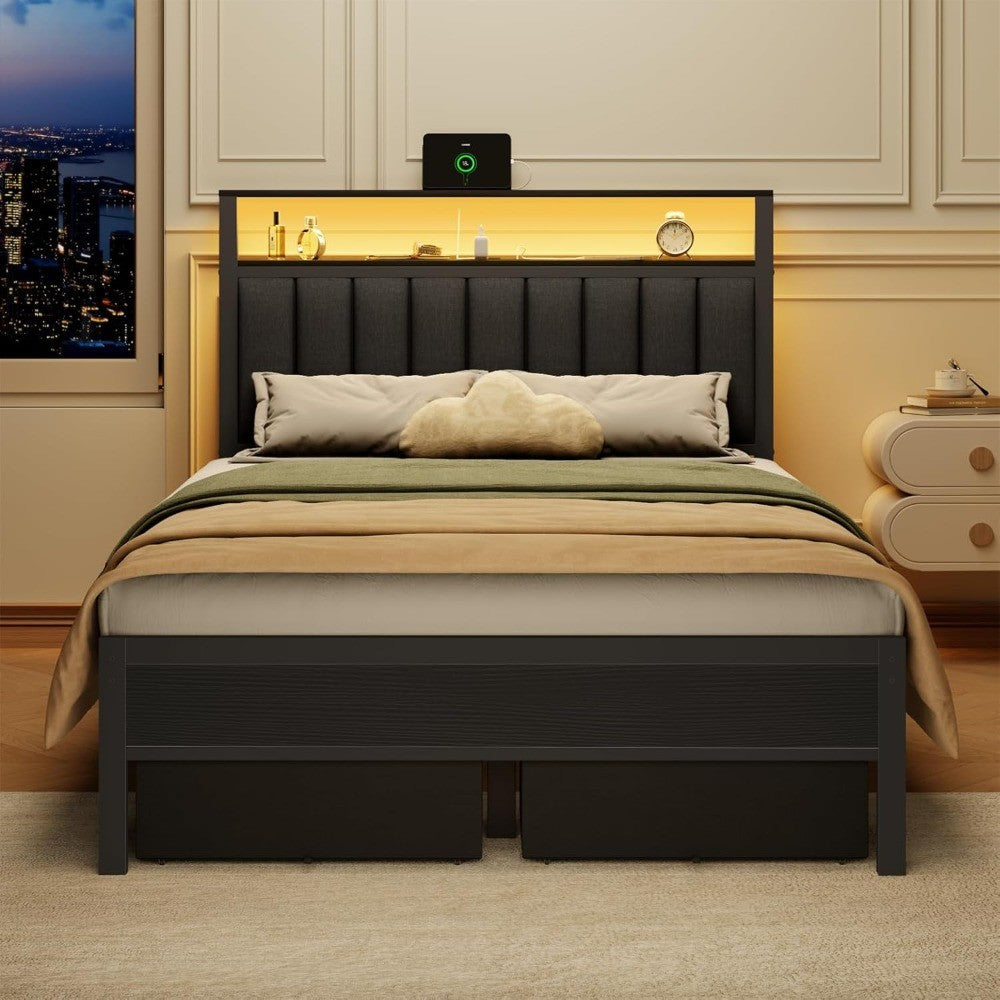 Bed Frame Charging Station and LED Lights,Grey Upholstered Headboard with Shelves,Metal Platform Bed with 2 Under-Bed Storage
