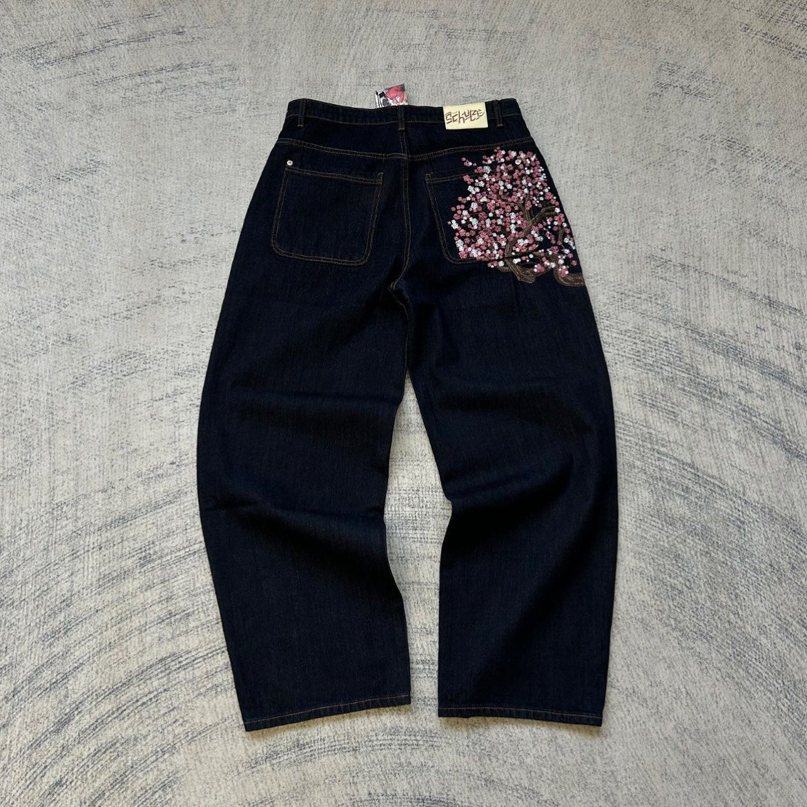 Calça jeans Hip-hop com moedas douradas Y2K retro cintura baixa perna larga com zíper calças jeans soltas bordadas moda masculina Y2K