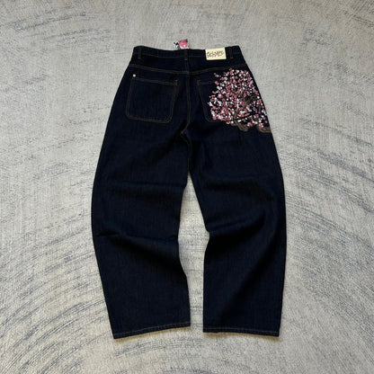 Calça jeans Hip-hop com moedas douradas Y2K retro cintura baixa perna larga com zíper calças jeans soltas bordadas moda masculina Y2K