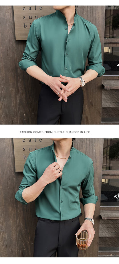 2025 Spring New Chinese Style High End Stand Up Collar Shirt Men's Long Sleeve Elastic Slimming Top Social Dress Shirt