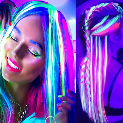 Extensões de Cabelo que Brilham no Escuro de 20 Polegadas com Presilha, Apliques Luminosos Coloridos para Festa, Presilhas de Cabelo Arco-Íris, Peruca Sintética Lisa