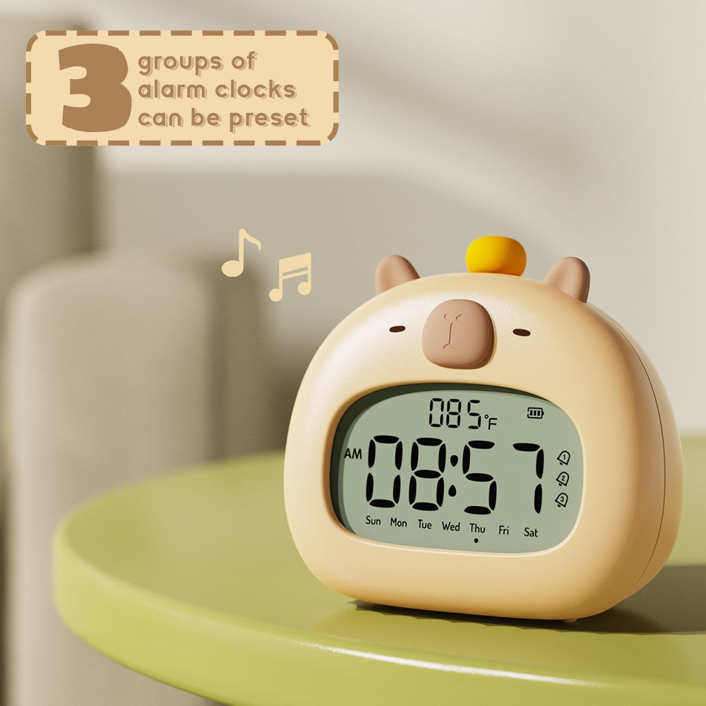 Bedside LED Clock Kids Alarm Clock Children's Sleep Trainier Temperature Display With Rechargeable Control Digital Cute Capybara