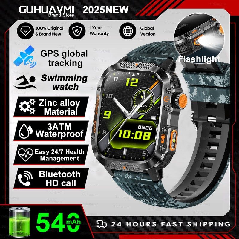 2026 Novas pulseiras inteligentes militares de GPS para ambientes externos, bússola masculina, frequência cardíaca, chamada BT, lanterna LED, Smartwatch à prova d'água 10ATM para natação