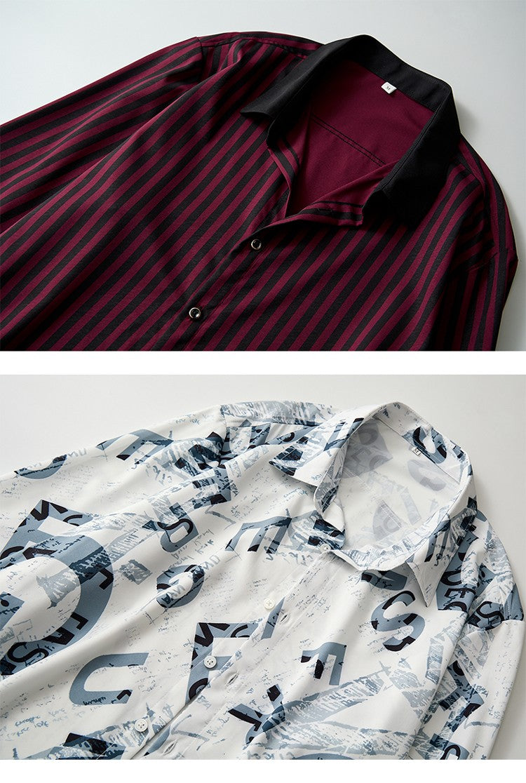 Men's White Vertical Stripe Long Sleeve Shirts, Single Breasted Lapel Shirt, Blue Gray Red Khaki Available, European Size S-XXL