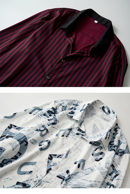 Men's White Vertical Stripe Long Sleeve Shirts, Single Breasted Lapel Shirt, Blue Gray Red Khaki Available, European Size S-XXL