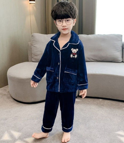 Boys Autumn Winter Thickened Flannel Coral Fleece Pajama Set Warm Kids Sleepwear Homewear