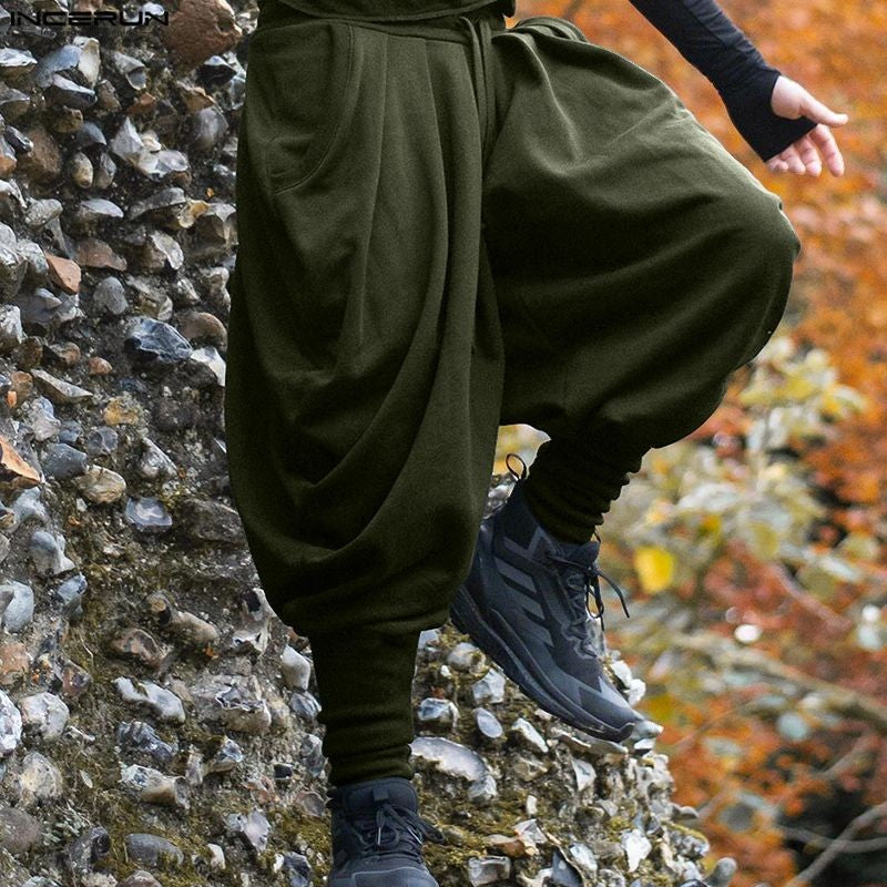 INCERUN Men Pants Solid Color Drawstring Joggers Casual Male Harem Pants Streetwear Loose Fashion Leisure Trousers Men S-5XL