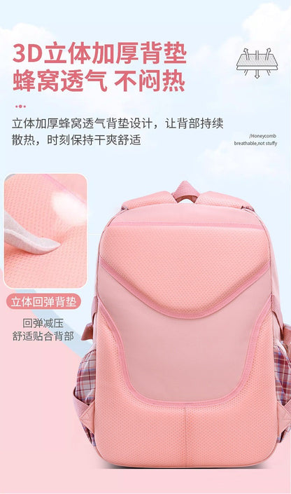 Protecting The Spine Ergonomics Elementary School Students Girls Checkered Backpack Large Capacity Lightweight Waterproof