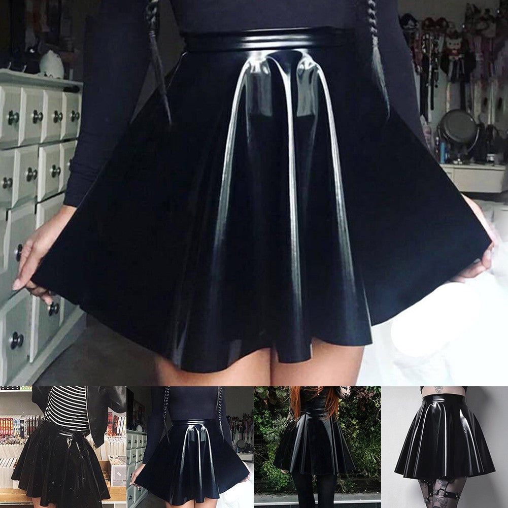 Womens Shiny PVC  Patent Leather Skirt Sexy Wet Look Leather Pleated Skirt Front Bodycon Elastic Latex Mini Short Skirt