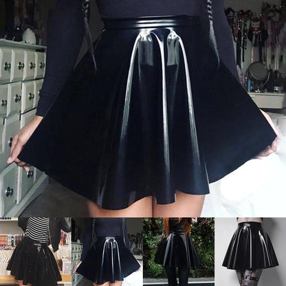 Womens Shiny PVC  Patent Leather Skirt Sexy Wet Look Leather Pleated Skirt Front Bodycon Elastic Latex Mini Short Skirt