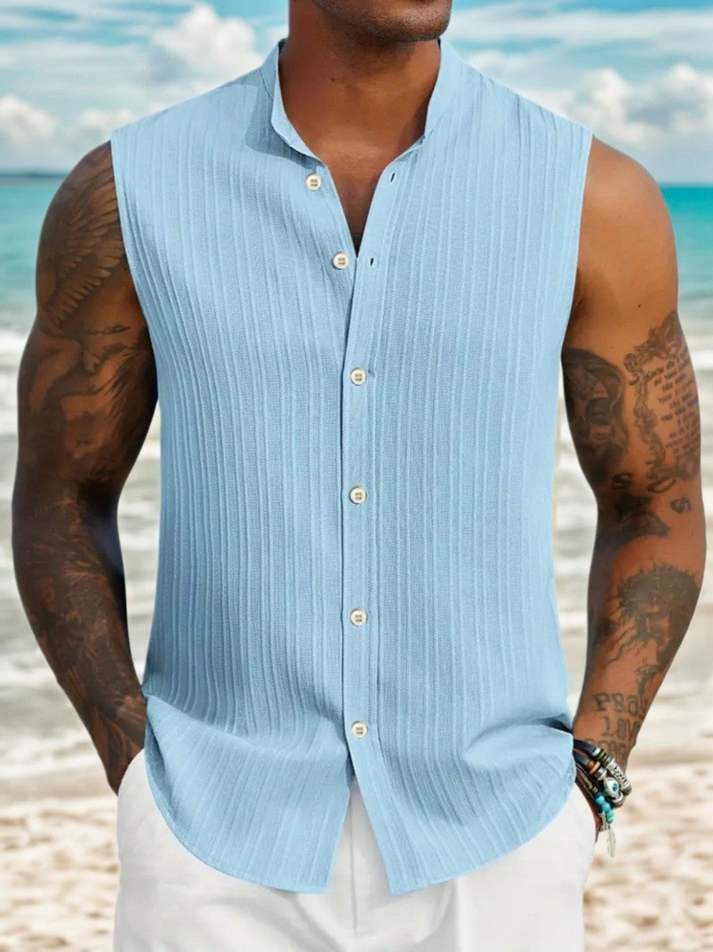 2025 New Summer Casual Fashion Henley Neck Sleeveless Shirt for European Men - Casual Beach Shirt for Leisure Use