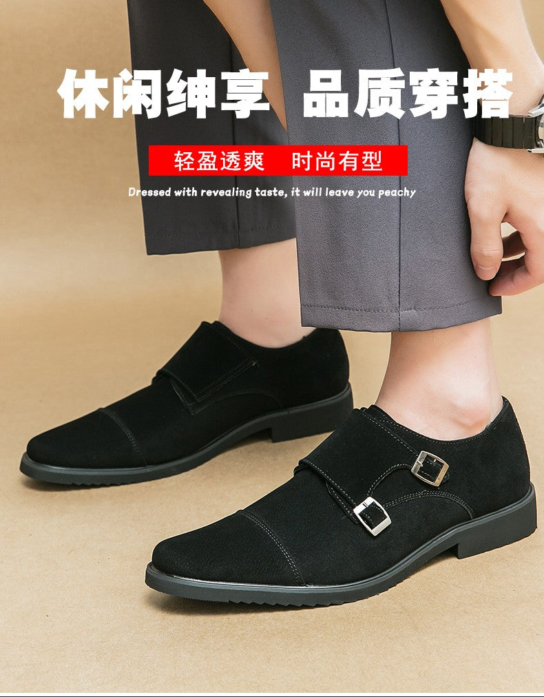 New Brown Loafers Flock Double Buckle Monk Shoes Black Square Toe Slip-On Business Men Dress Shoes Size 38-46 Free Shipping