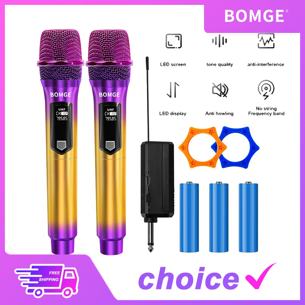 Sistema de Microfone Sem Fio para Karaokê e DJ, Profissional, 2 Canais, com Microfone Roxo Colorido e Receptor Sem Fio Recarregável para Festas e DJs