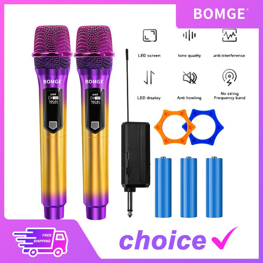 Sistema de Microfone Sem Fio para Karaokê e DJ, Profissional, 2 Canais, com Microfone Roxo Colorido e Receptor Sem Fio Recarregável para Festas e DJs