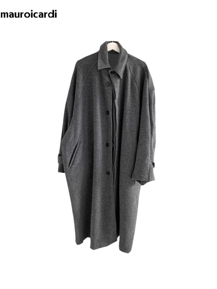 Mauroicardi Autumn Winter Long Warm Grey Black Slouchy Woolen Coat Men Single Breasted Loose Casual Wool Blends Overcoat 2023