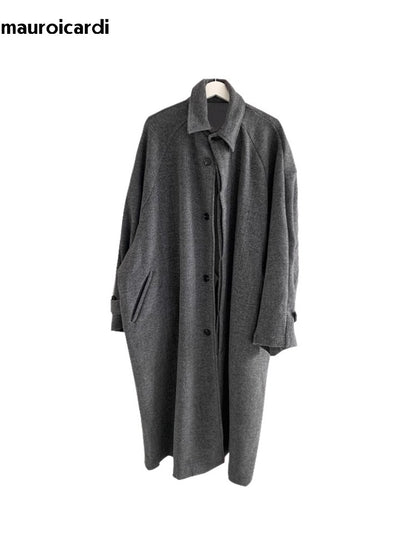 Mauroicardi Autumn Winter Long Warm Grey Black Slouchy Woolen Coat Men Single Breasted Loose Casual Wool Blends Overcoat 2023