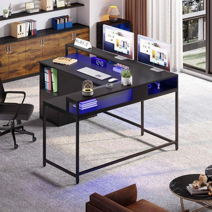 HOT-L Shaped Desk With Power Outlets  LED Lights, 67" Computer Desk With File Drawer, Corner Desk Home Office Desks
