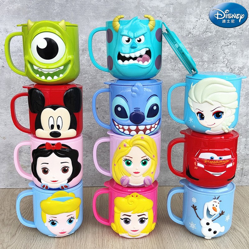 Copo infantil de desenho animado Disney Mickey Stitch com tampa Caneca de leite Frozen Elsa 3D Copo para beber em casa Copo para escovar a boca Copo de água infantil