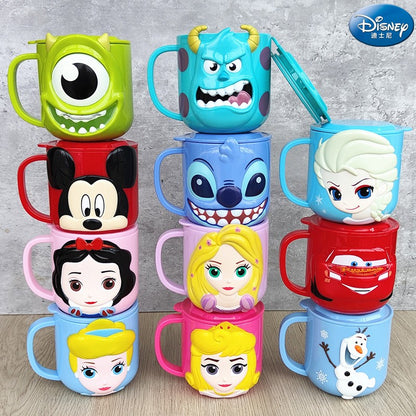 Copo infantil de desenho animado Disney Mickey Stitch com tampa Caneca de leite Frozen Elsa 3D Copo para beber em casa Copo para escovar a boca Copo de água infantil