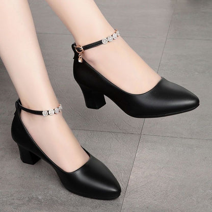 Women Classic Black Soft Patent Leather High Quality Square Heel Shoes Lady Casual Office Comfort Spring Summer Buckle Heels A04