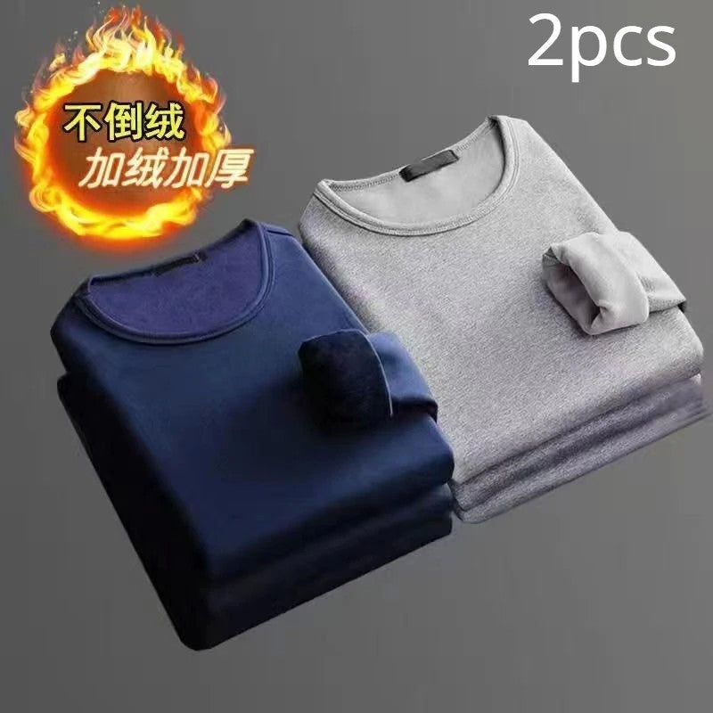 2PCS Men's Underwear Winter Long-sleeved Thermal Underwear Plus Velvet Padded T-shirt O-Neck Solid Color Slim Bottoming Shirt