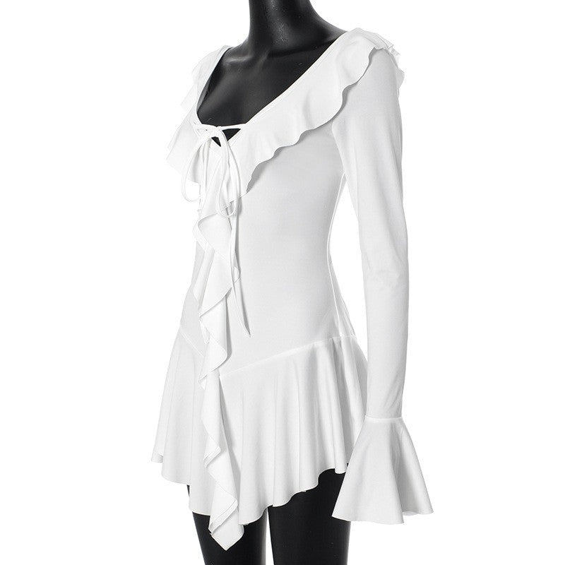 Ruffled Lace-Up White Mini Dress Women's V-Neck Patchwork Long Sleeve Sexy Slim