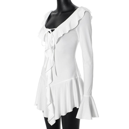 Ruffled Lace-Up White Mini Dress Women's V-Neck Patchwork Long Sleeve Sexy Slim